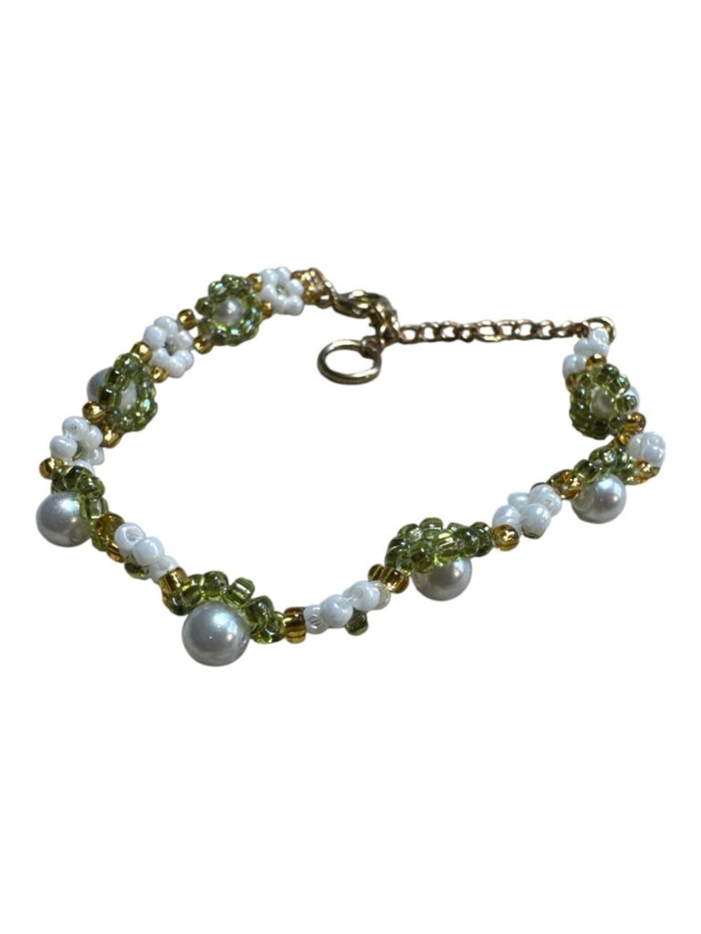 Handmade Green & White Beaded Bracelet With Faux Pearls And Adjustable Chain 6-7